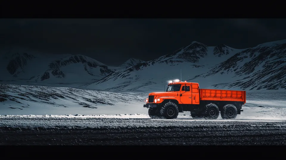 Bright orange truck in snowy mountainous terrain under a dark sky