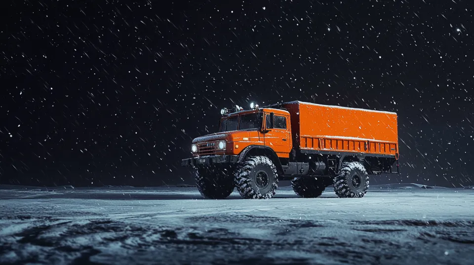 Camión naranja brillante sobre un fondo de nieve invernal en la oscuridad