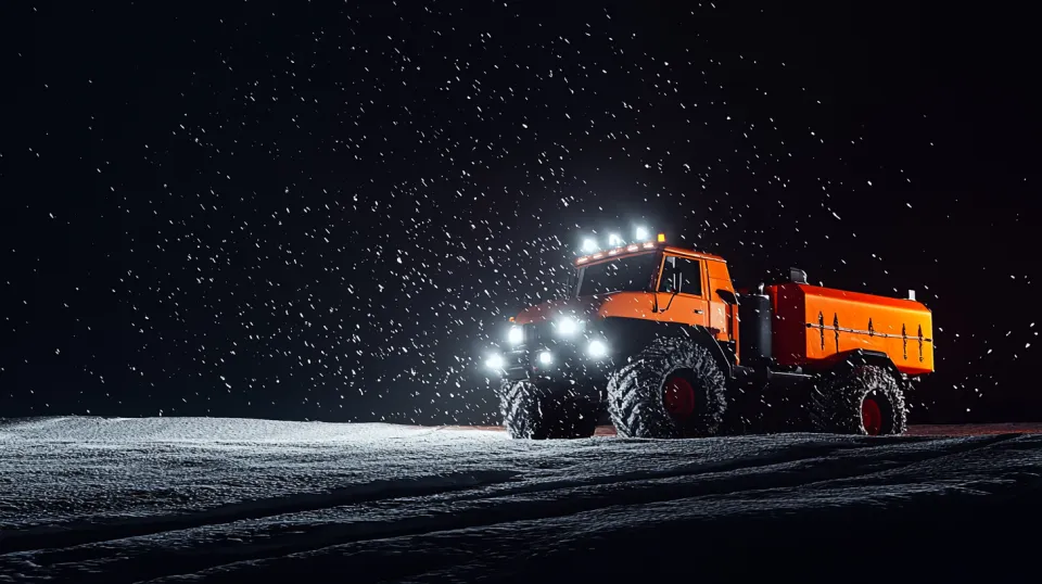 Tractor de orugas con luces en condiciones de tormenta de nieve y oscuridad