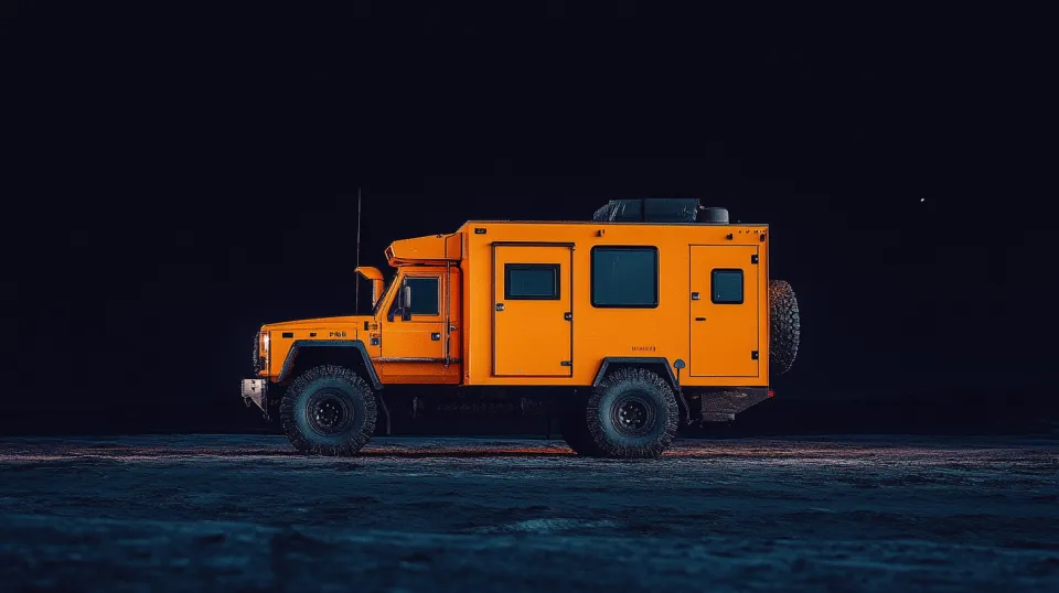 Внедорожный автомобиль оранжевого цвета в темной среде