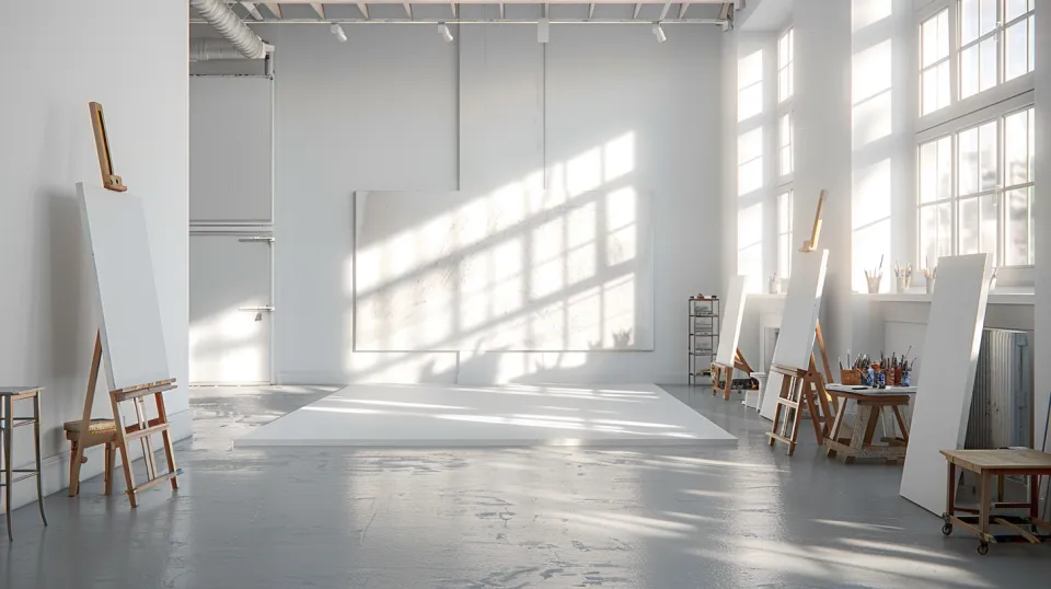 Spacious and bright studio for artists with easels and paintings on the walls