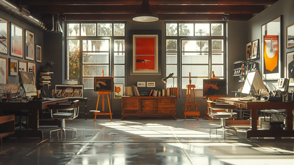 Interior of an art studio with a window, paintings, and workspaces