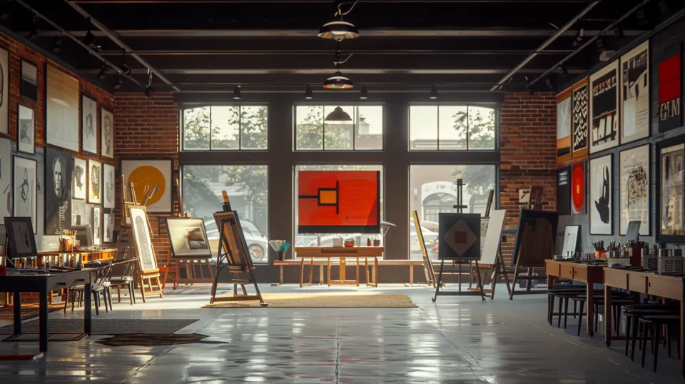 Spacious gallery with contemporary paintings and a cozy atmosphere