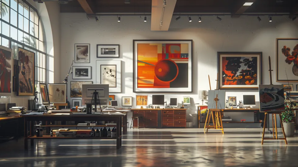Interior de un estudio de arte con diversas obras de arte en las paredes