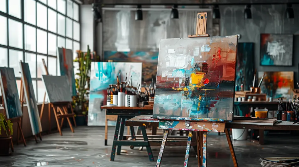 Image of a workshop with paintings, easels, and artistic materials