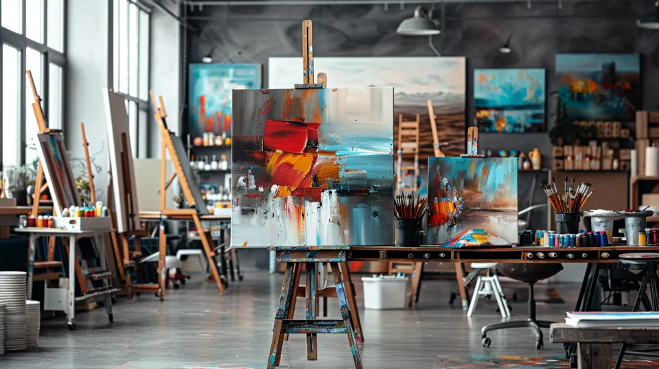 Interior of an art workshop featuring canvases and paints