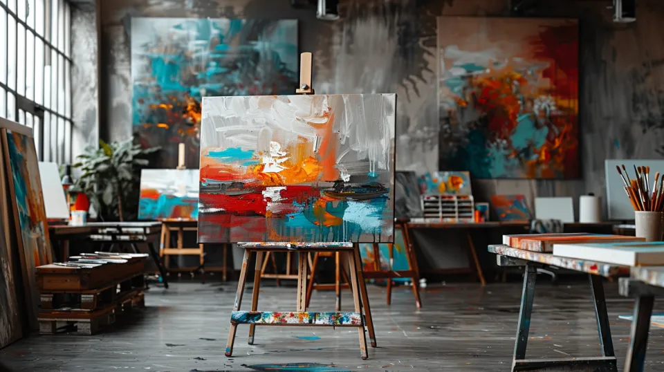 Scene in an art workshop featuring an abstract painting on an easel