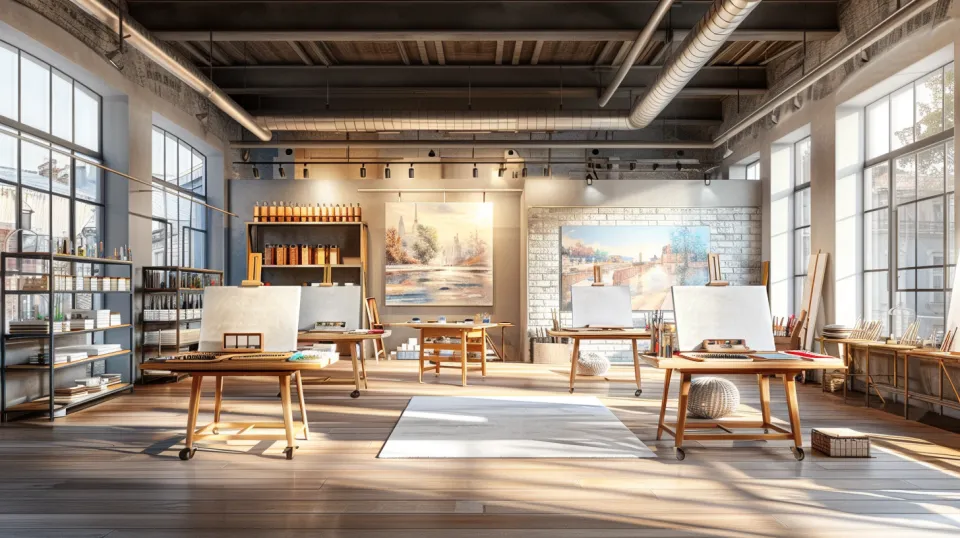 Spacious art studio with easels and art supplies