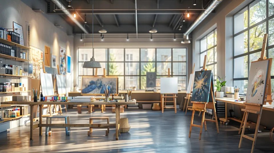 Interior view of an art studio with easels and materials