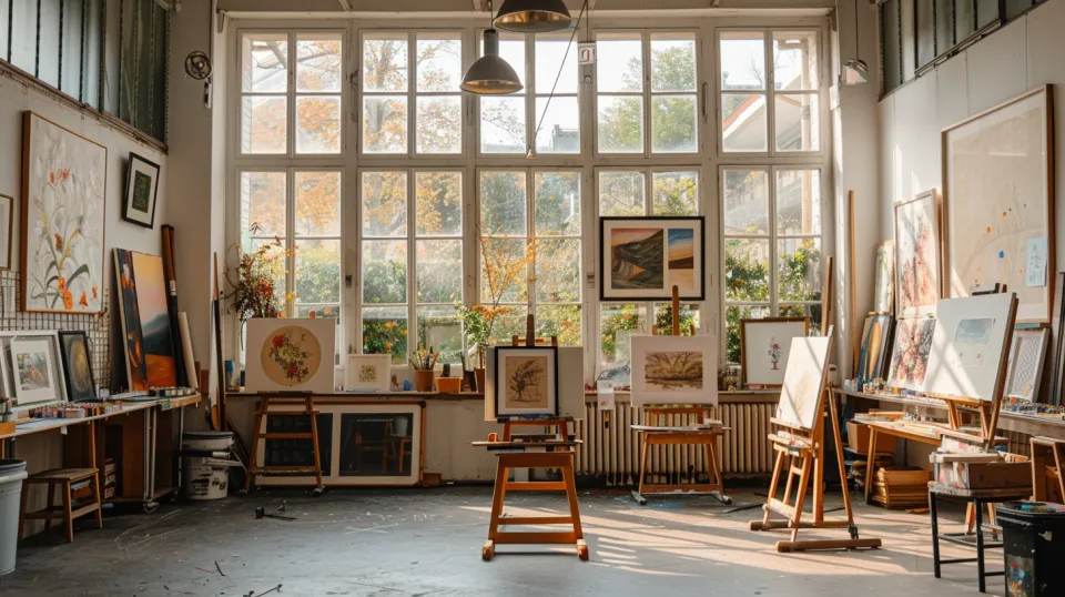 Luminoso taller de artista con cuadros y ventanas, lleno de luz natural