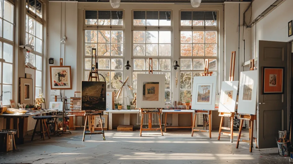 Interior de un estudio de arte con luz brillante y pinturas en las paredes