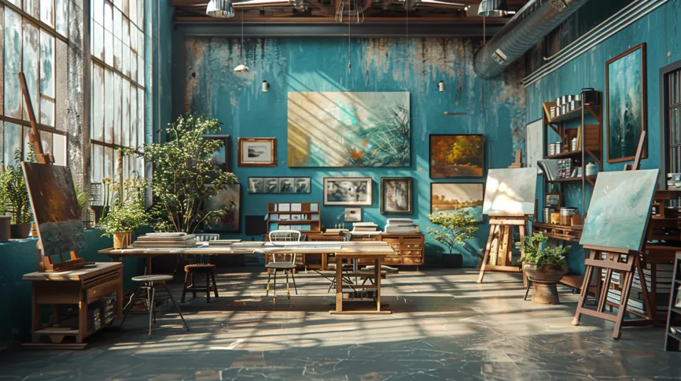 Interior de un estudio artístico con plantas y marcos de cuadros