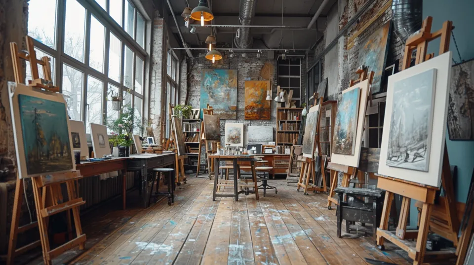Interior of the workshop with pictures and art supplies
