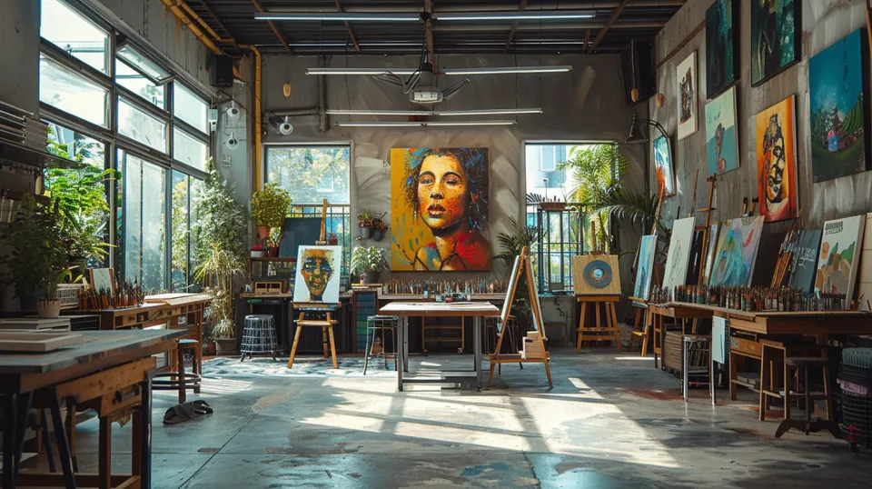 A modern creative space with paintings on the walls and plants