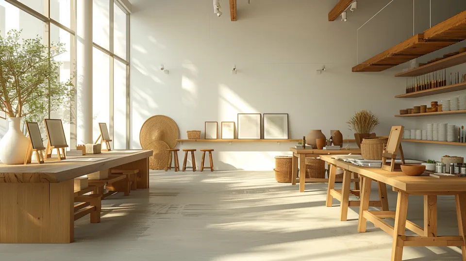 Spacious studio with large windows and wooden furniture