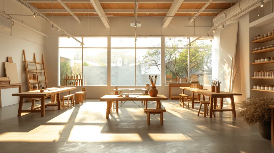 Elegant room for artistic work with tables and chairs