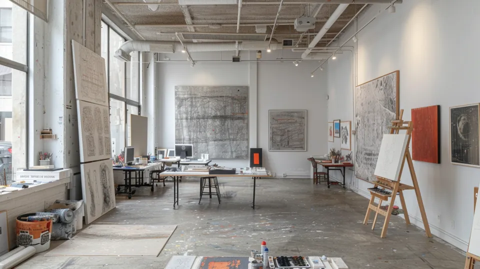 Individual Artistic Interior with Contemporary Paintings and Workspaces