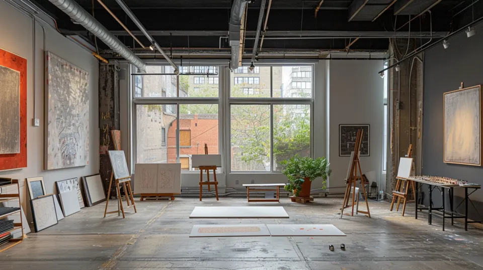 Spacious studio for artists with numerous artworks and light
