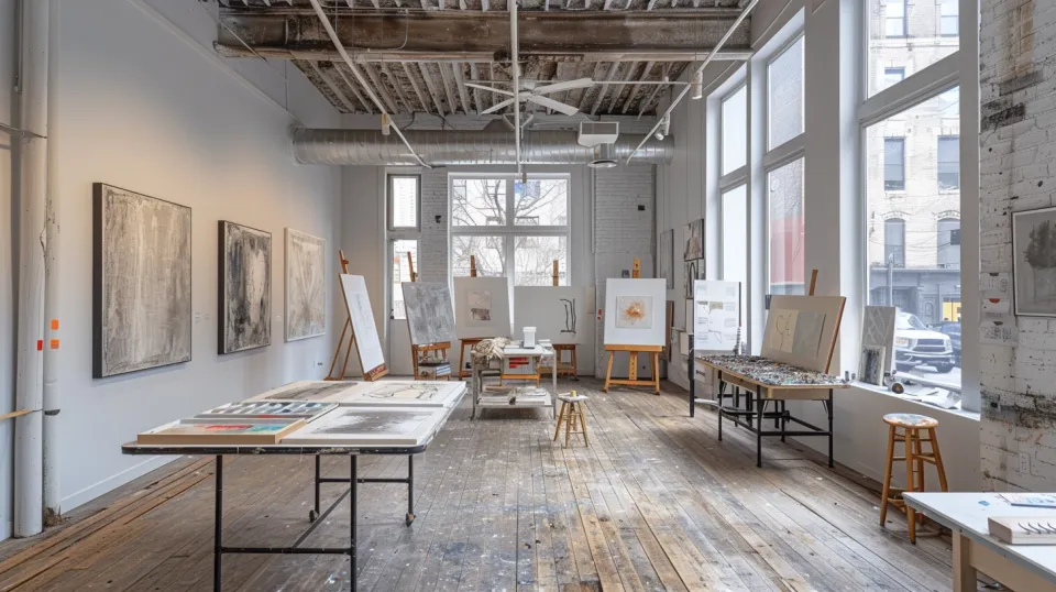 Interior de la galería de arte con pinturas y mesas para la creatividad