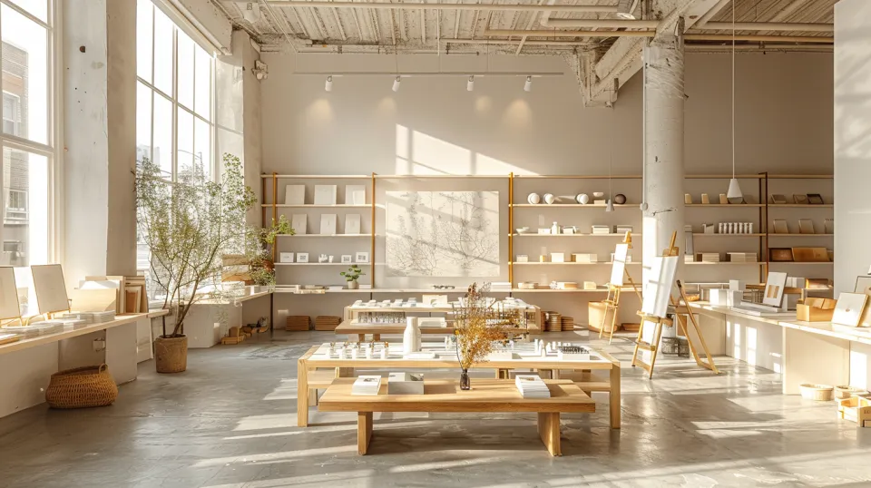 Un ambiente luminoso y espacioso con una exhibición de objetos artísticos y plantas