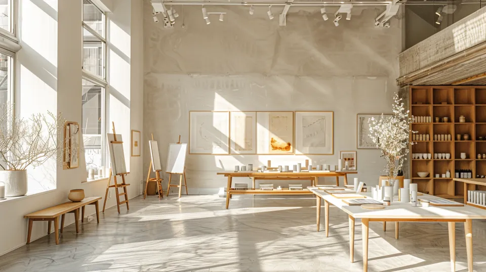 Bright exhibition hall with artworks and interior items