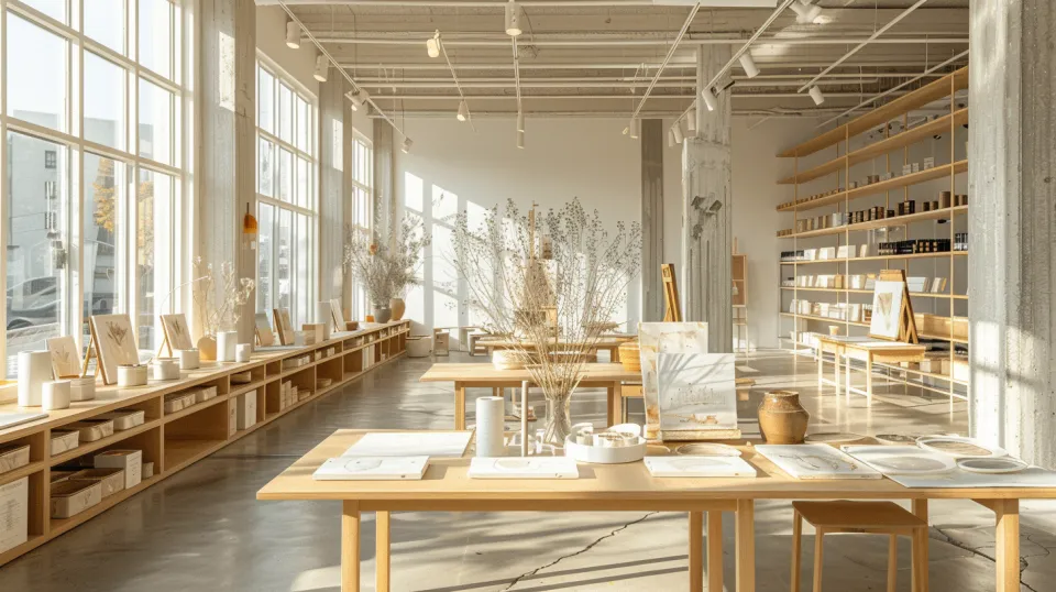 Interior moderno con obras de arte y plantas en las mesas