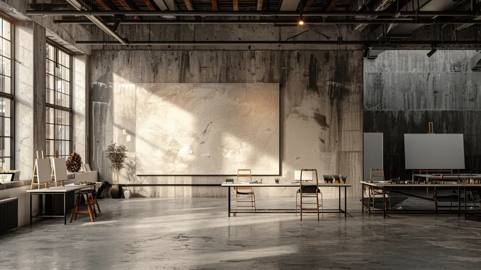 Interior of the art studio featuring elements like paintings and wooden chairs
