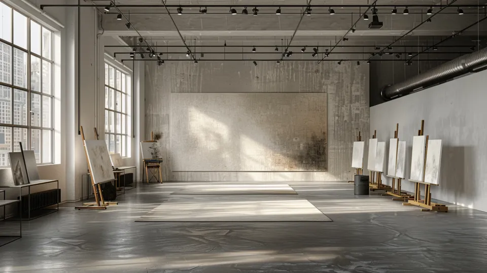 Spacious art studio with windows and easels
