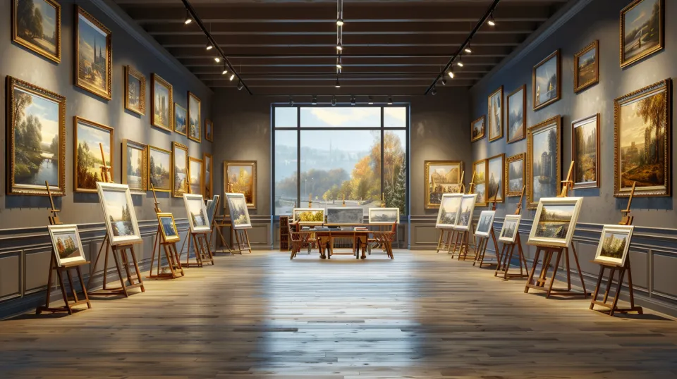 Interior of an art gallery with paintings on the walls and canvases