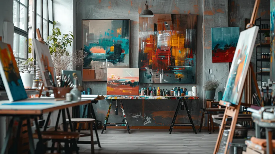 Interiores de un estudio artístico con arte abstracto y materiales coloridos