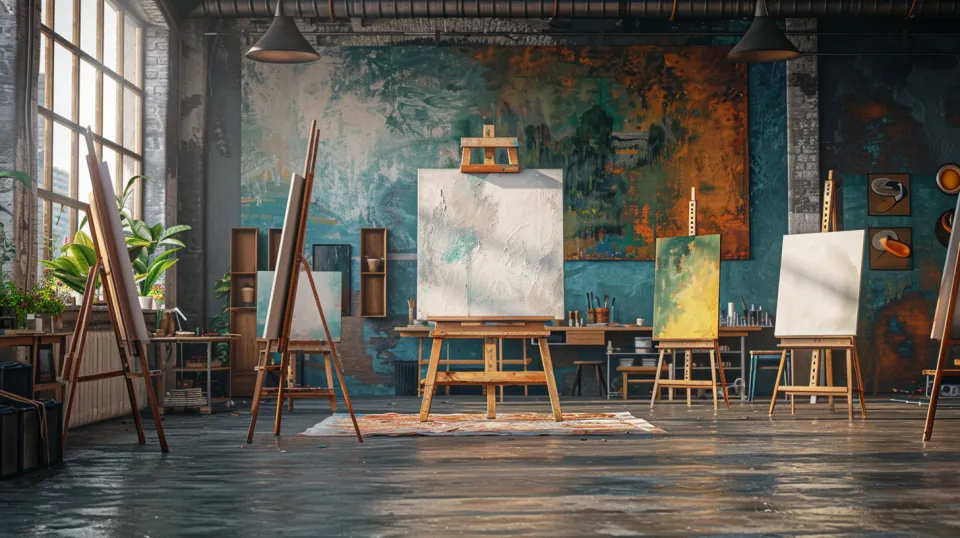 Spacious workshop with canvases and painting tools