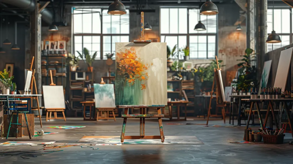 Interior of an art workshop with paintings and plants