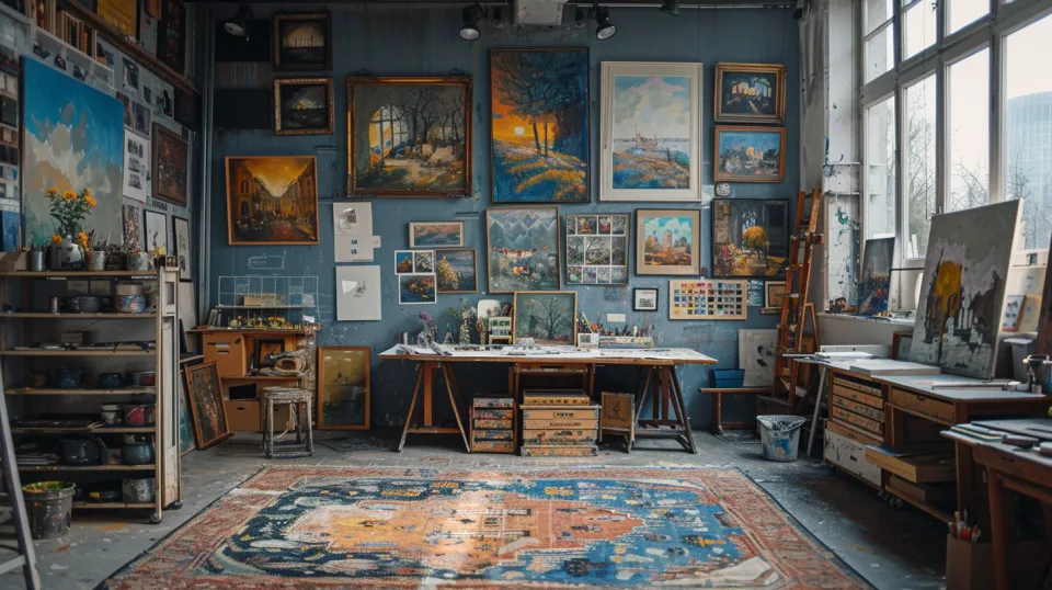 Artist's studio with pictures and paintings on the walls