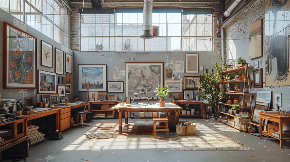 Luminoso estudio de artista con muchas pinturas y mesas de trabajo