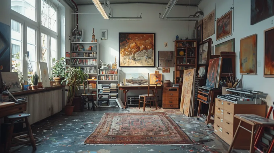Interior view of the workshop with paintings, shelves, and a work table