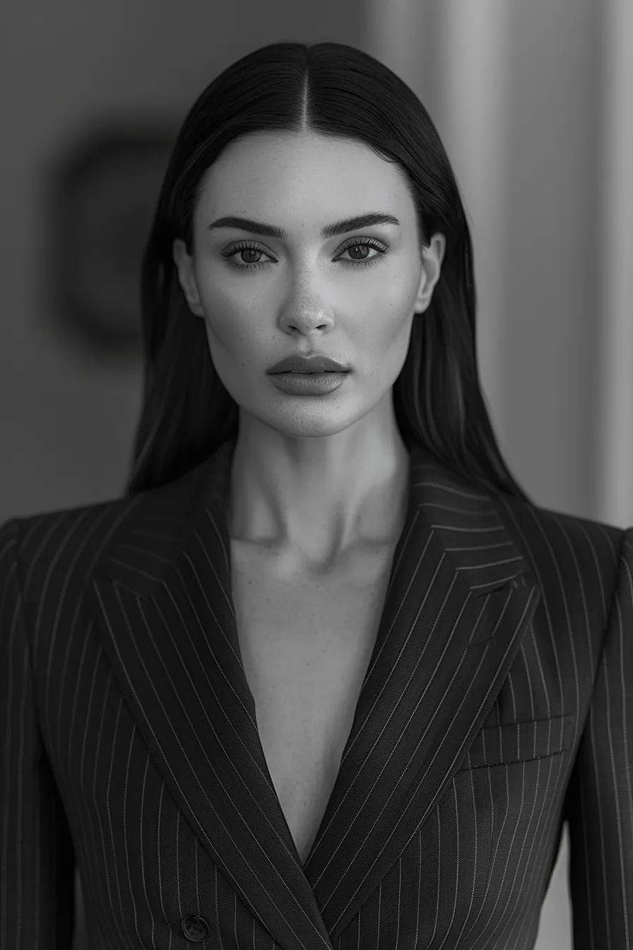 Black and white portrait of a woman in a strict suit with hair