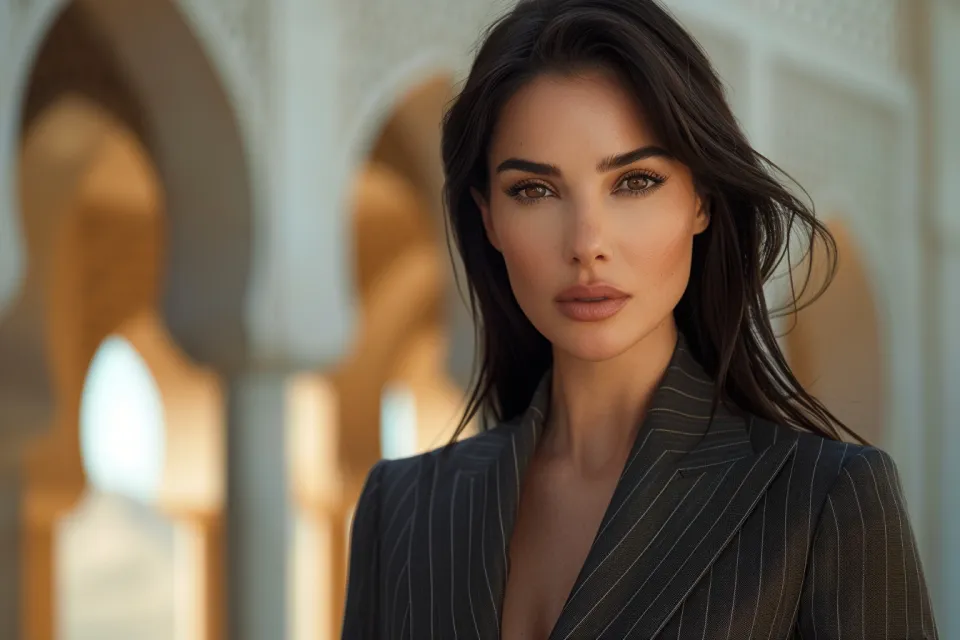 Elegant portrait of a woman with long hair against an architectural background