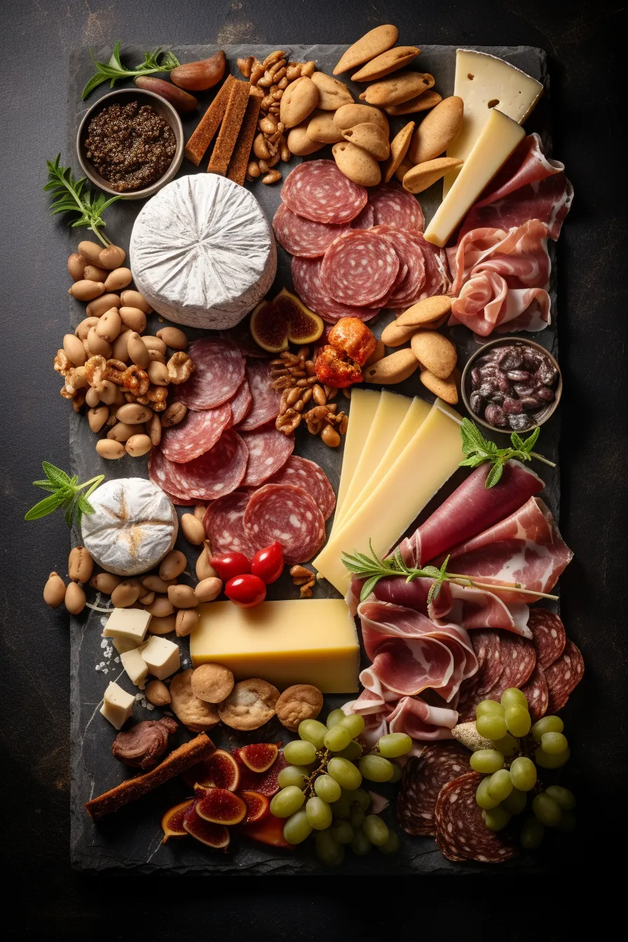 Variety of meat products and cheeses beautifully arranged on a black board