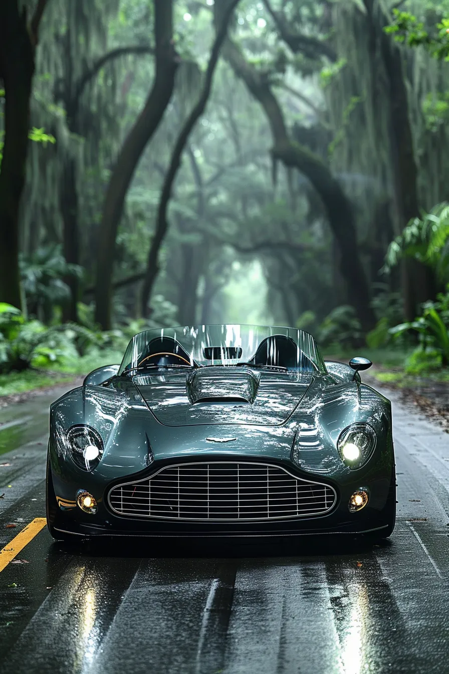 Modern Aston Martin on a Wet Road in a Green Forest