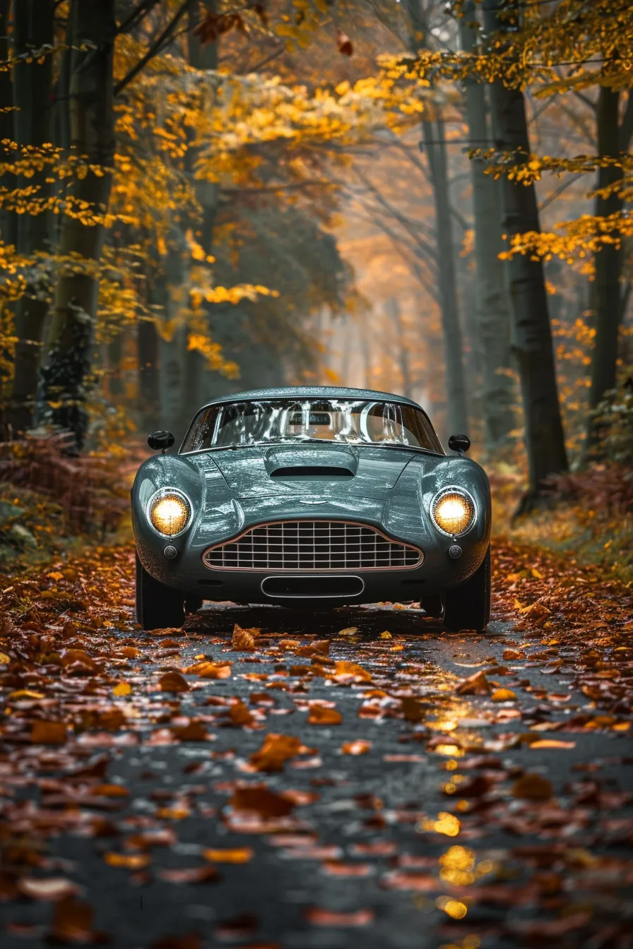 Retro car against the backdrop of an autumn forest with falling leaves
