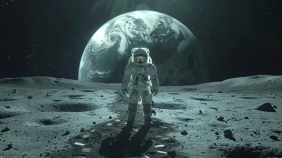 Astronaut standing on the Moon with Earth visible in the background