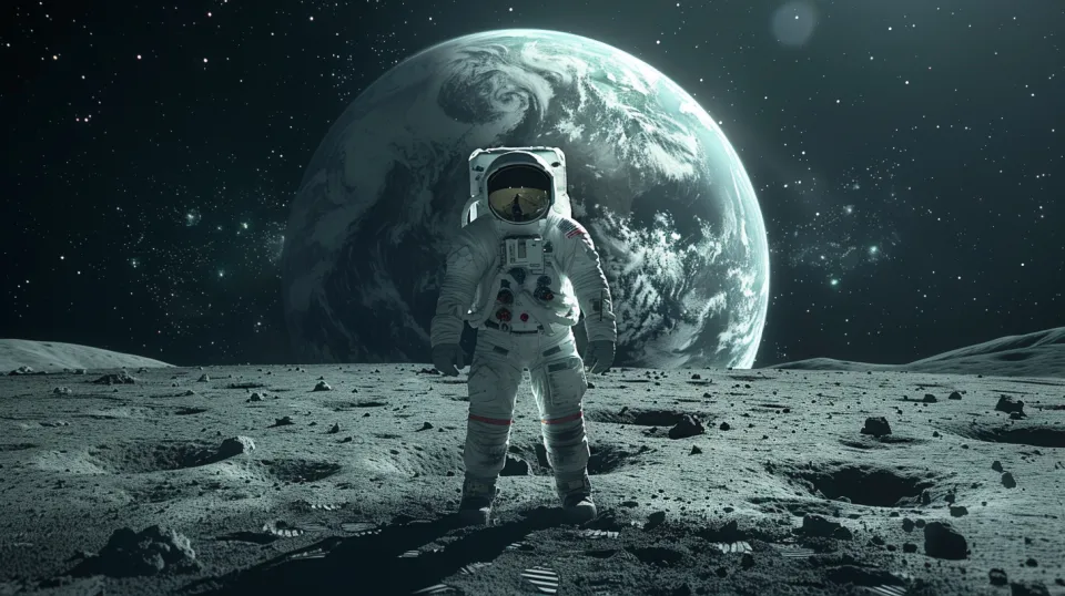 Imagen de un astronauta en la Luna con vista de la Tierra en el espacio