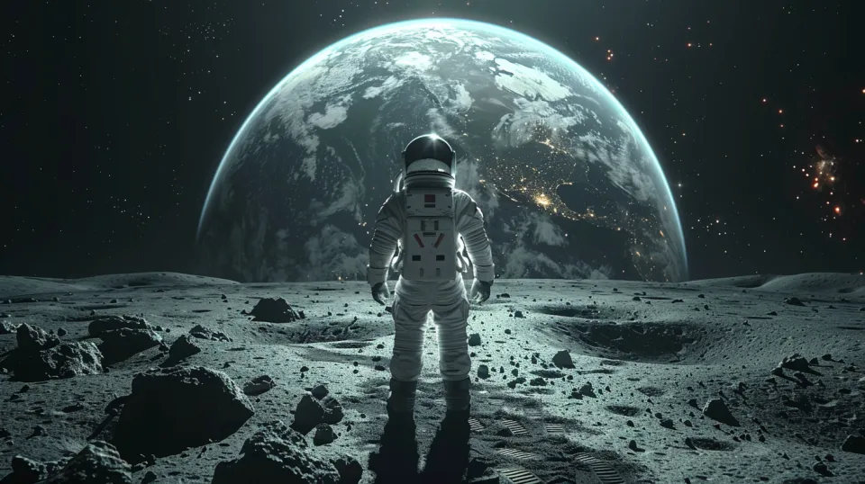 Un hombre en un traje espacial mira la Tierra desde la Luna, señalando el vasto espacio