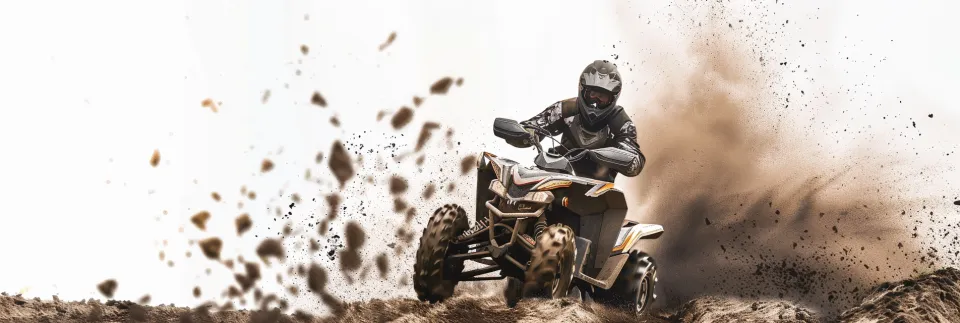 ATV racing through a sandstorm against a desert landscape