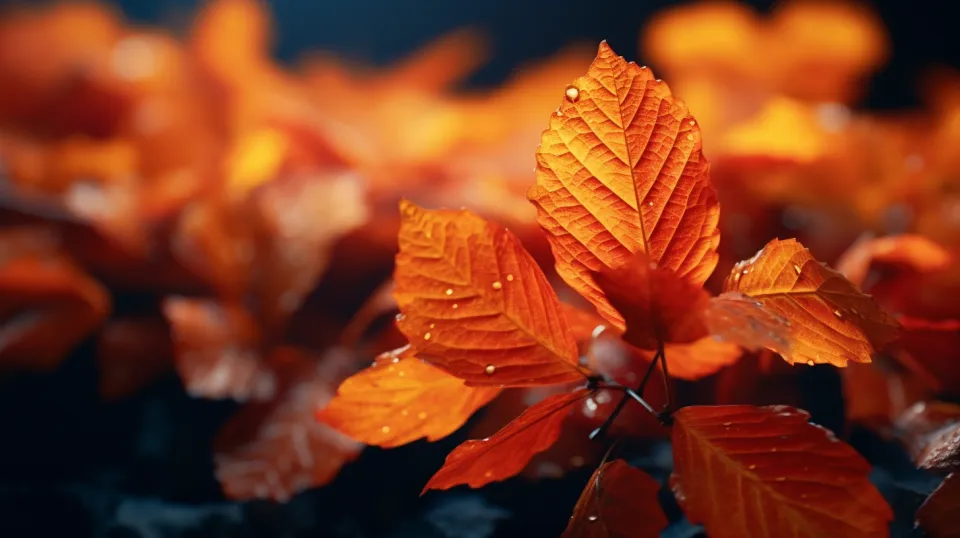 Muestra de hojas de otoño con gotas de rocío y colores vibrantes