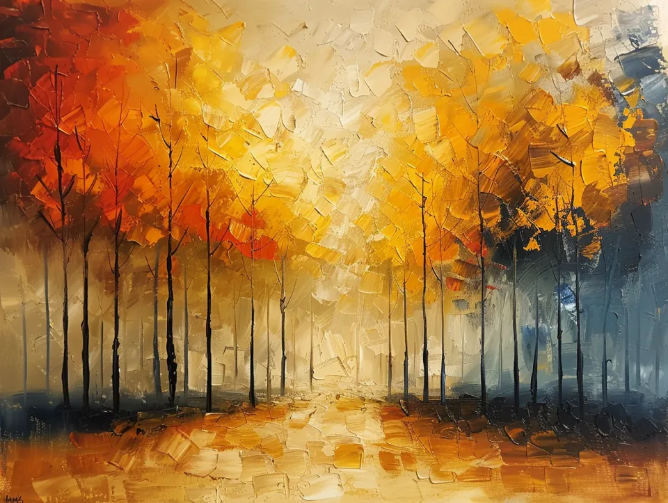 Cuadro con árboles de otoño contra el fondo de un atardecer y niebla