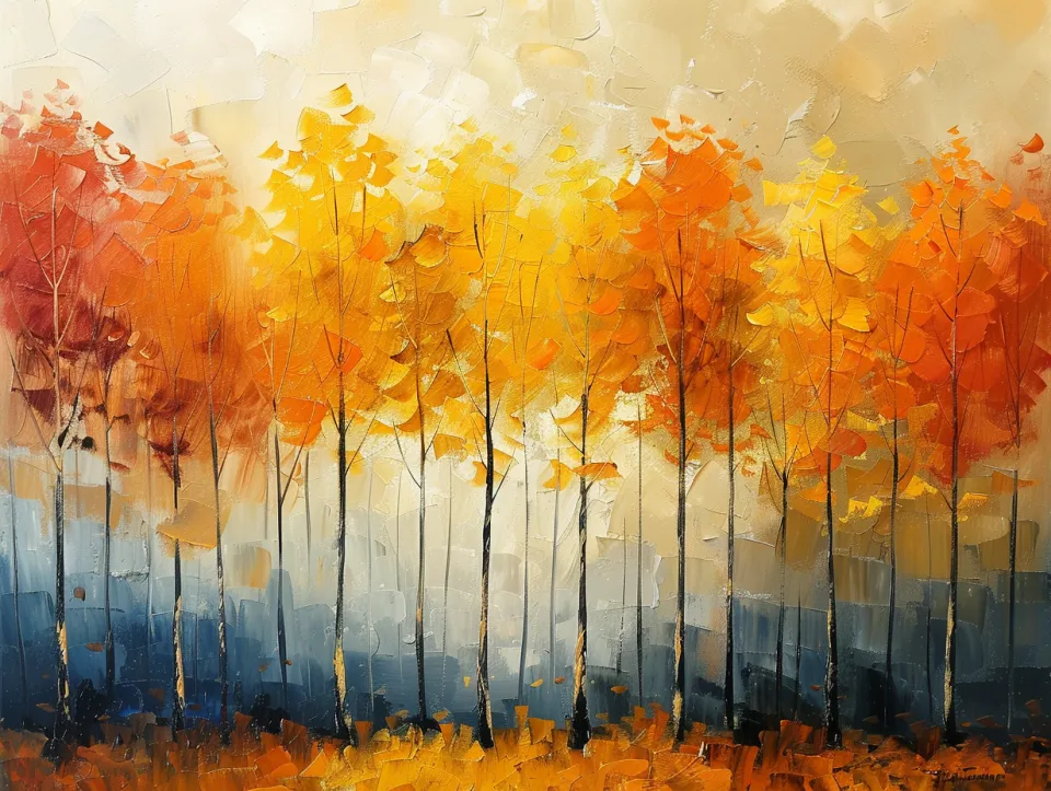 Painting of autumn trees drawn in bright colors