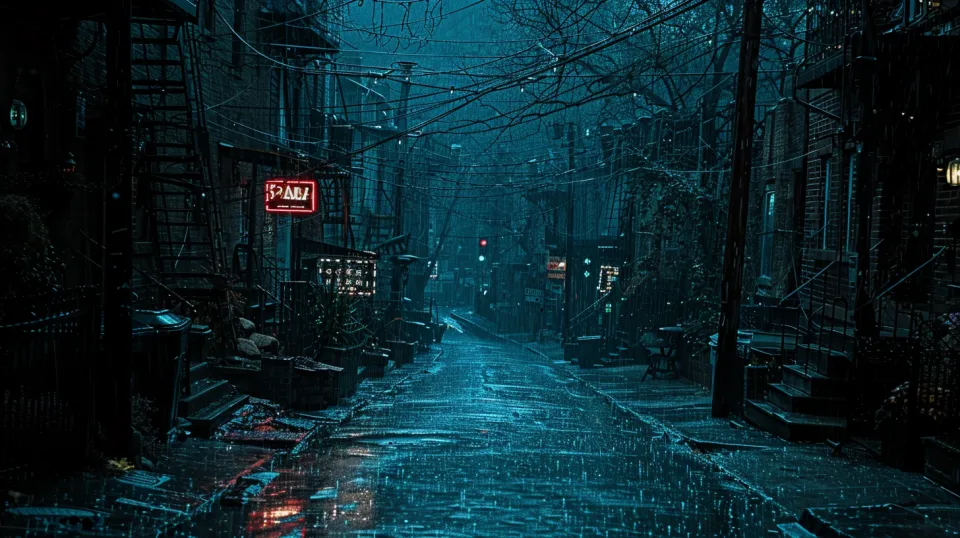Callejón en la ciudad por la noche con reflejos de lluvia y letreros de neón