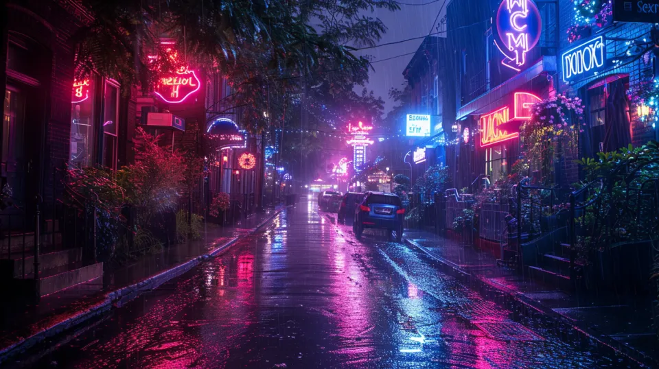 Street with neon signs and wet pavement on a rainy night