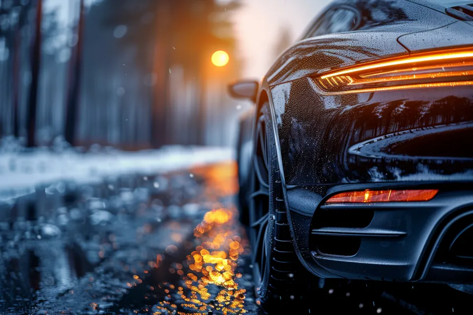 Спортивный автомобиль на фоне зимнего леса с вечерним освещением